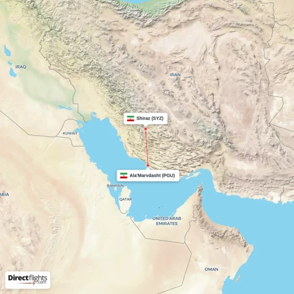 Ala'Marvdasht - Shiraz direct flight map