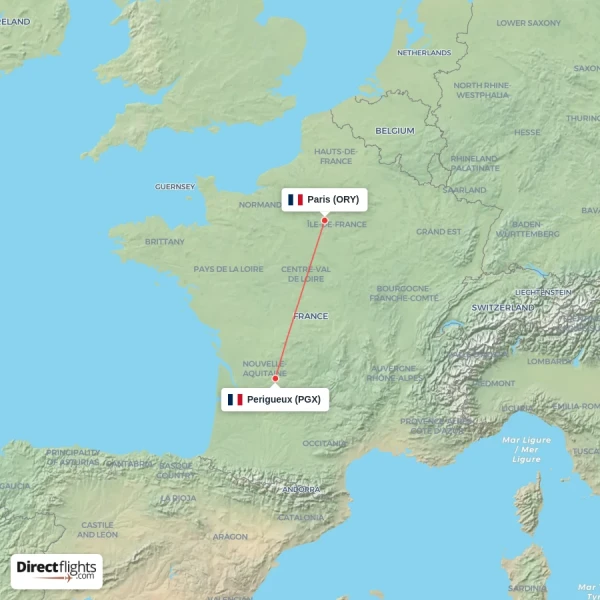 Perigueux - Paris direct flight map