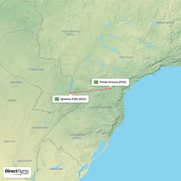 Ponta Grossa - Iguassu Falls direct flight map