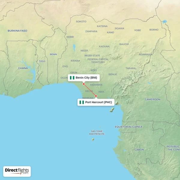 Port Harcourt - Benin City direct flight map