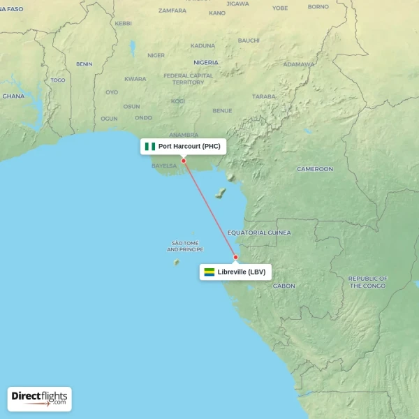 Port Harcourt - Libreville direct flight map