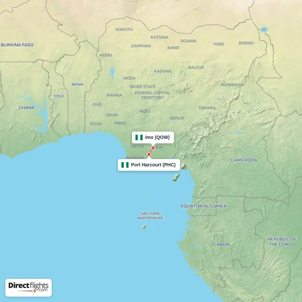 Port Harcourt - Imo direct flight map