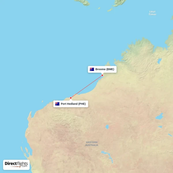 Port Hedland - Broome direct flight map