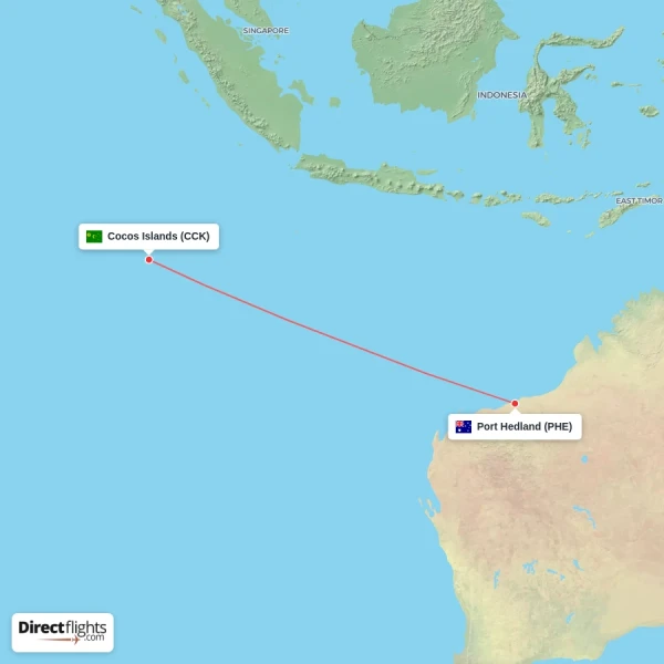 Port Hedland - Cocos Islands direct flight map