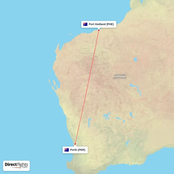 Port Hedland - Perth direct flight map