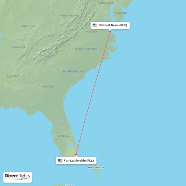 Newport News - Fort Lauderdale direct flight map
