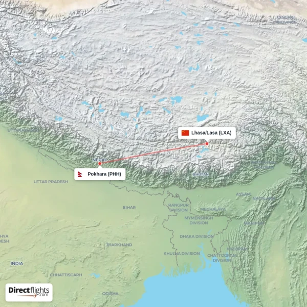 Pokhara - Lhasa/Lasa direct flight map