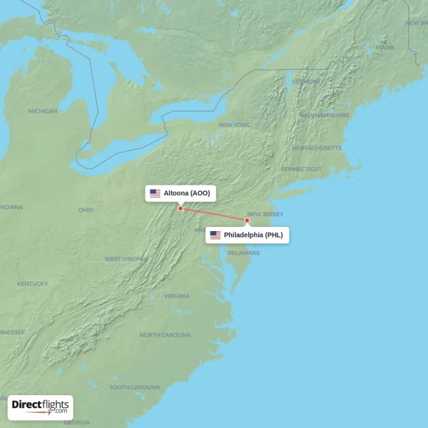 Philadelphia - Altoona direct flight map