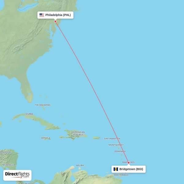 Philadelphia - Bridgetown direct flight map
