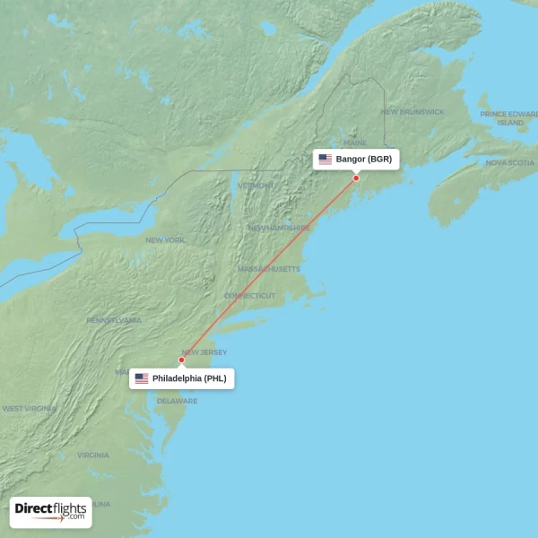 Philadelphia - Bangor direct flight map