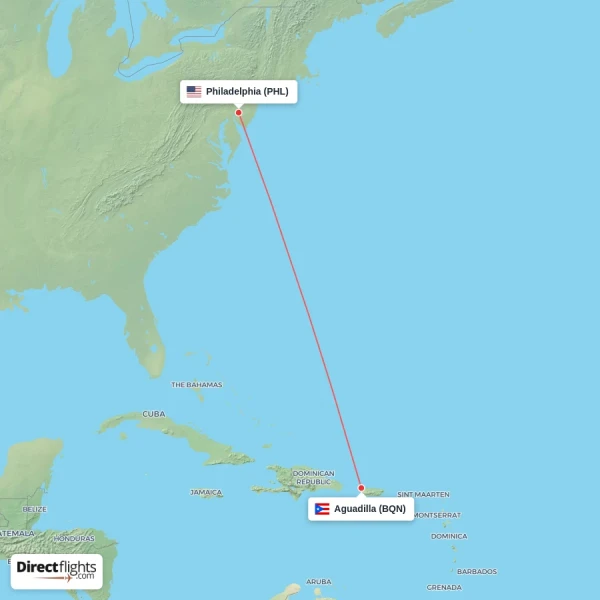 Philadelphia - Aguadilla direct flight map