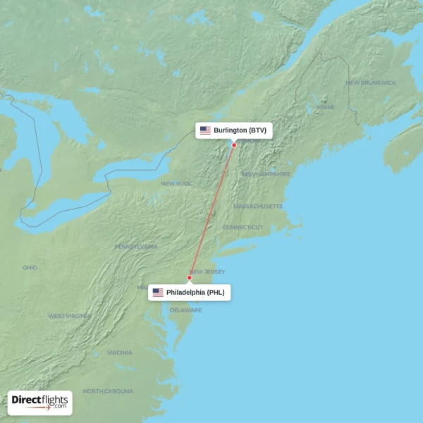 Philadelphia - Burlington direct flight map