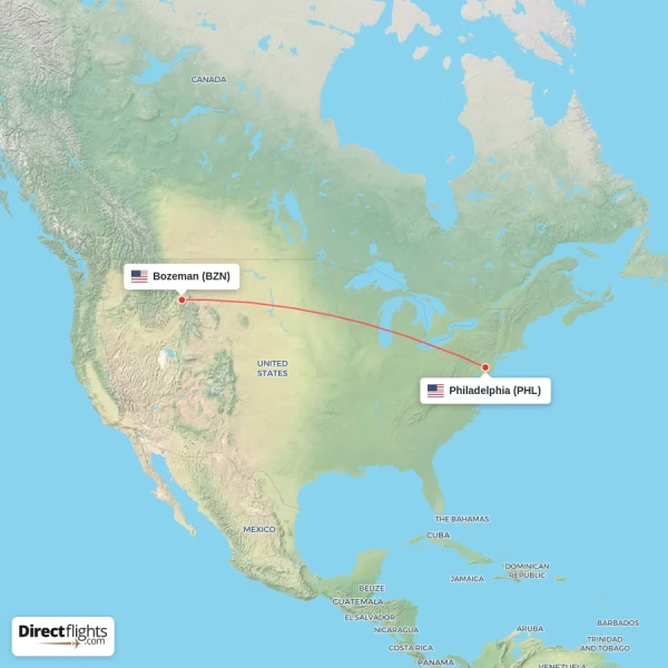 Philadelphia - Bozeman direct flight map