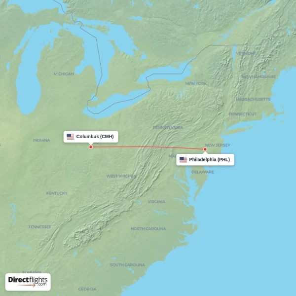 Philadelphia - Columbus direct flight map