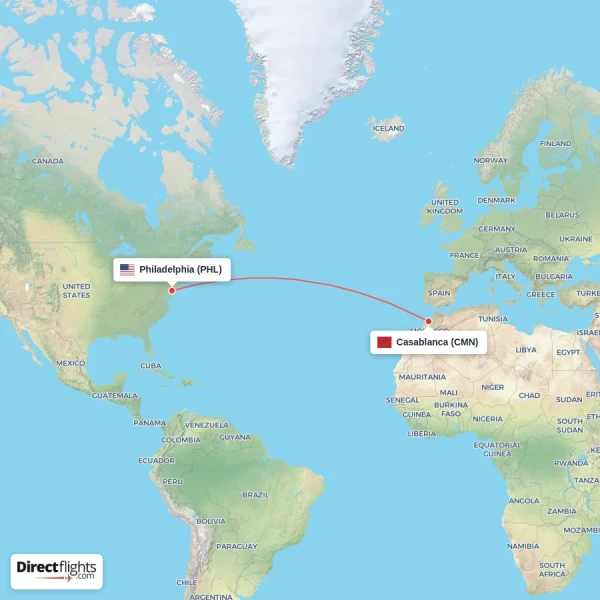 Philadelphia - Casablanca direct flight map