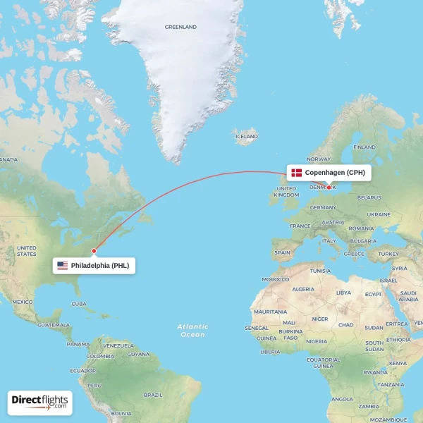 Philadelphia - Copenhagen direct flight map