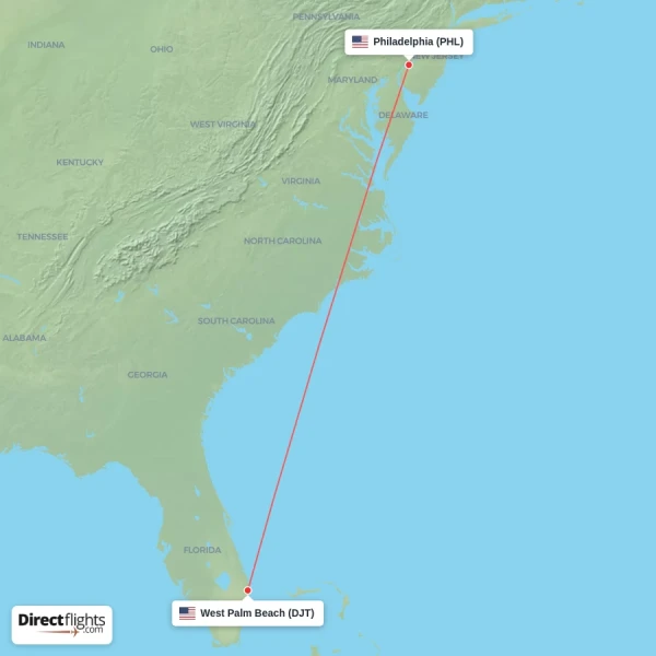 Philadelphia - West Palm Beach direct flight map