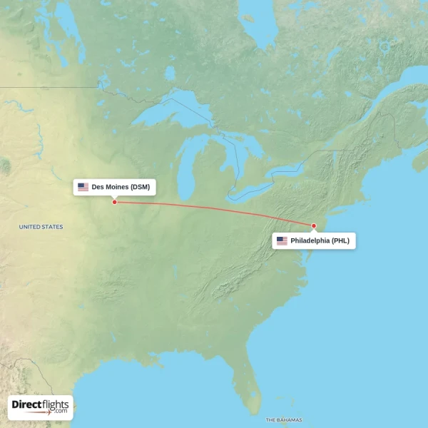 Philadelphia - Des Moines direct flight map