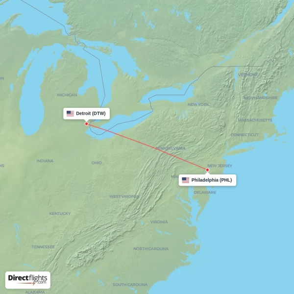 Philadelphia - Detroit direct flight map