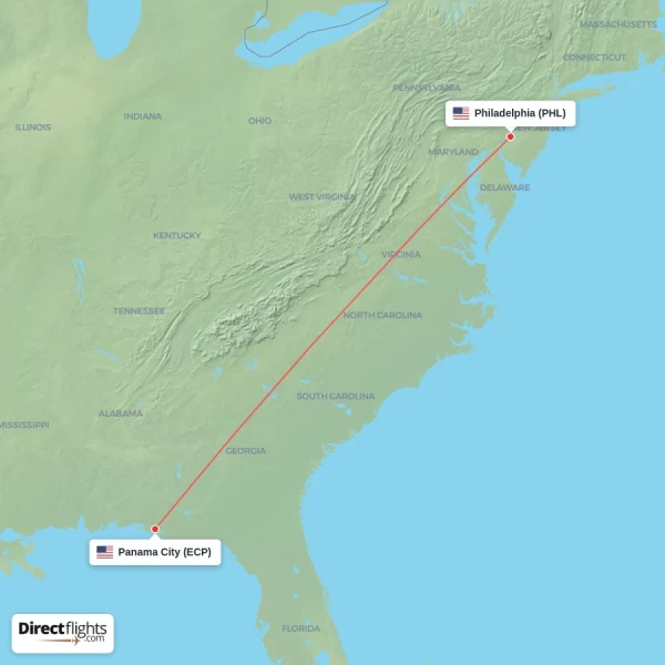 Philadelphia - Panama City direct flight map
