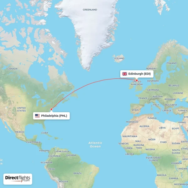 Philadelphia - Edinburgh direct flight map