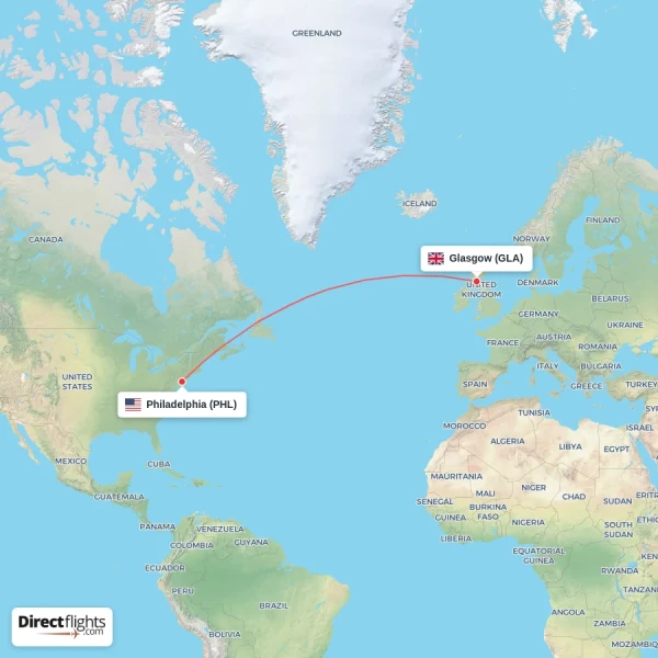 Philadelphia - Glasgow direct flight map