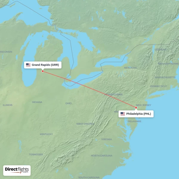 Philadelphia - Grand Rapids direct flight map