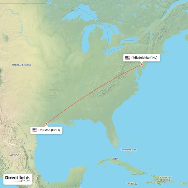 Philadelphia - Houston direct flight map