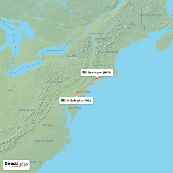Philadelphia - New Haven direct flight map
