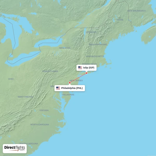 Philadelphia - Islip direct flight map