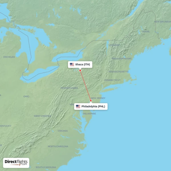 Philadelphia - Ithaca direct flight map