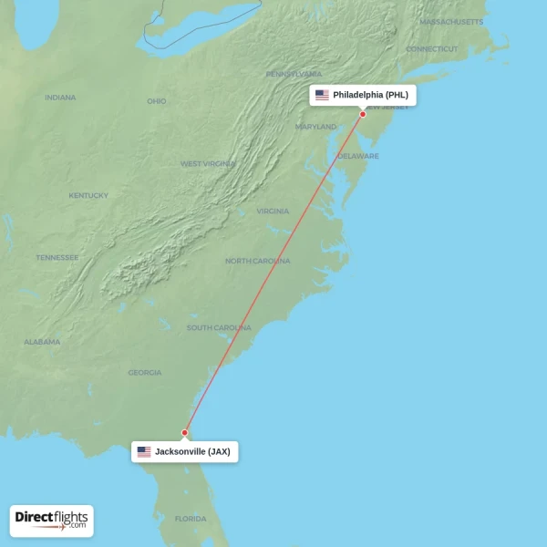 Philadelphia - Jacksonville direct flight map
