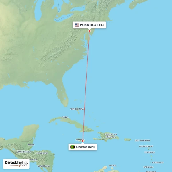 Philadelphia - Kingston direct flight map