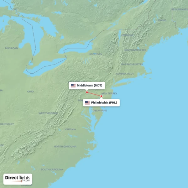 Philadelphia - Middletown direct flight map