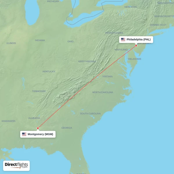 Philadelphia - Montgomery direct flight map