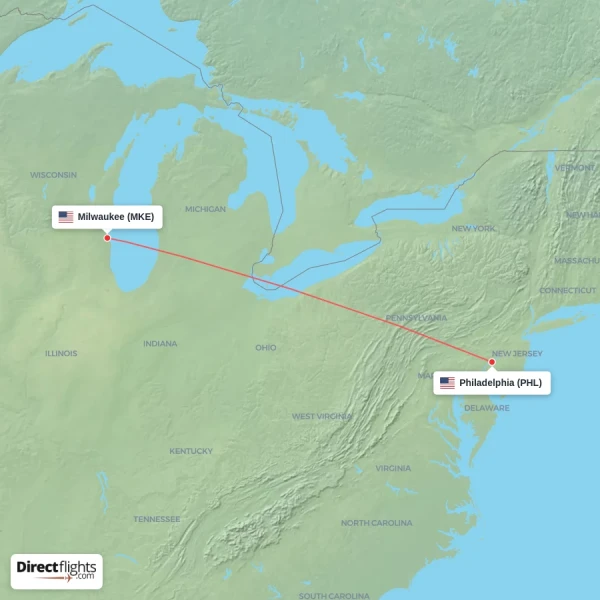 Philadelphia - Milwaukee direct flight map