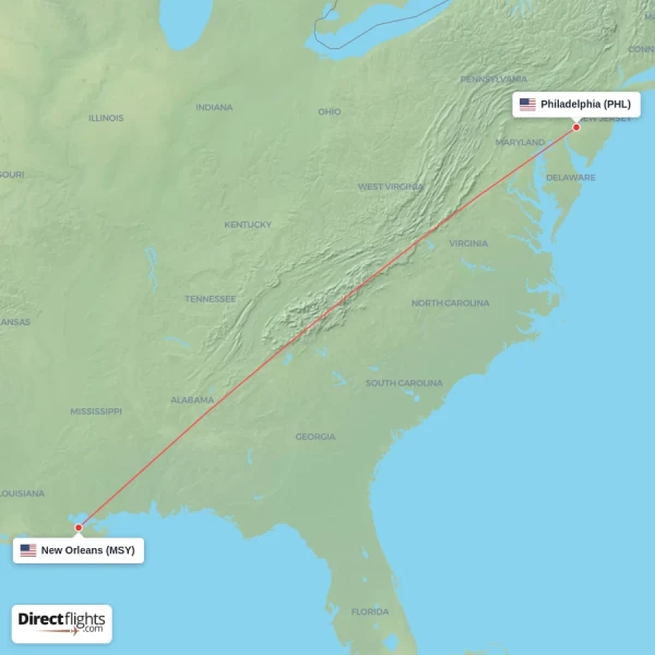 Philadelphia - New Orleans direct flight map