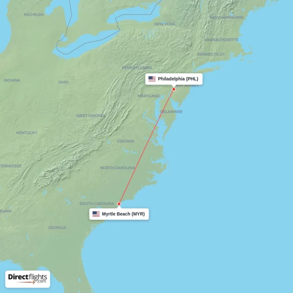 Philadelphia - Myrtle Beach direct flight map