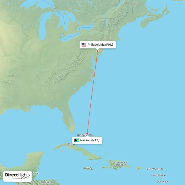 Philadelphia - Nassau direct flight map