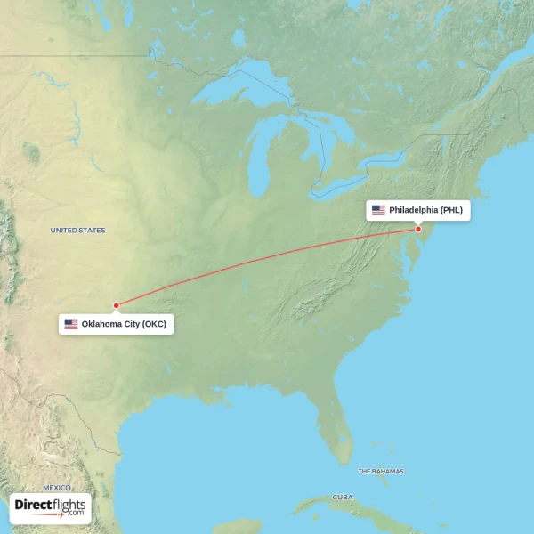 Philadelphia - Oklahoma City direct flight map