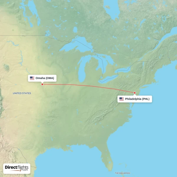 Philadelphia - Omaha direct flight map