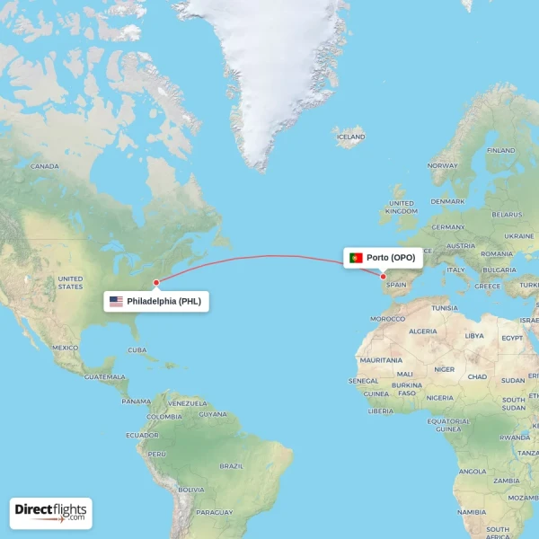 Philadelphia - Porto direct flight map