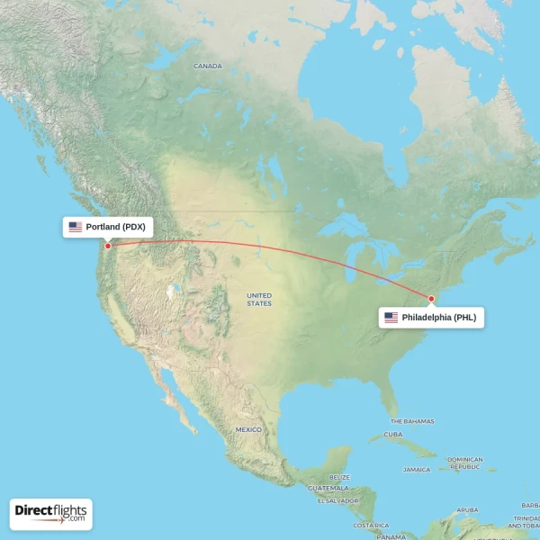 Philadelphia - Portland direct flight map