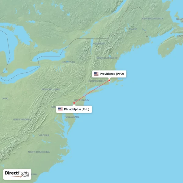 Philadelphia - Providence direct flight map