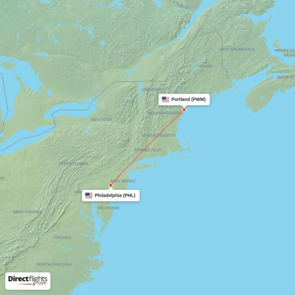 Philadelphia - Portland direct flight map