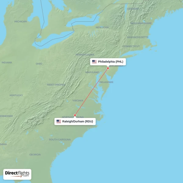 Philadelphia - Raleigh/Durham direct flight map