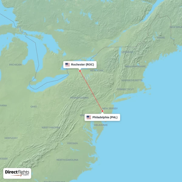 Philadelphia - Rochester direct flight map