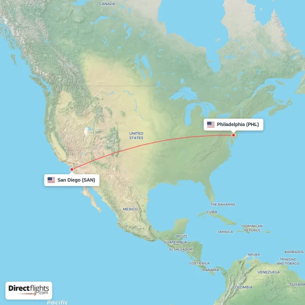 Philadelphia - San Diego direct flight map