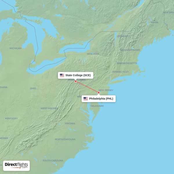 Philadelphia - State College direct flight map
