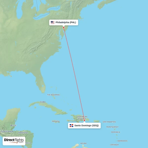 Philadelphia - Santo Domingo direct flight map